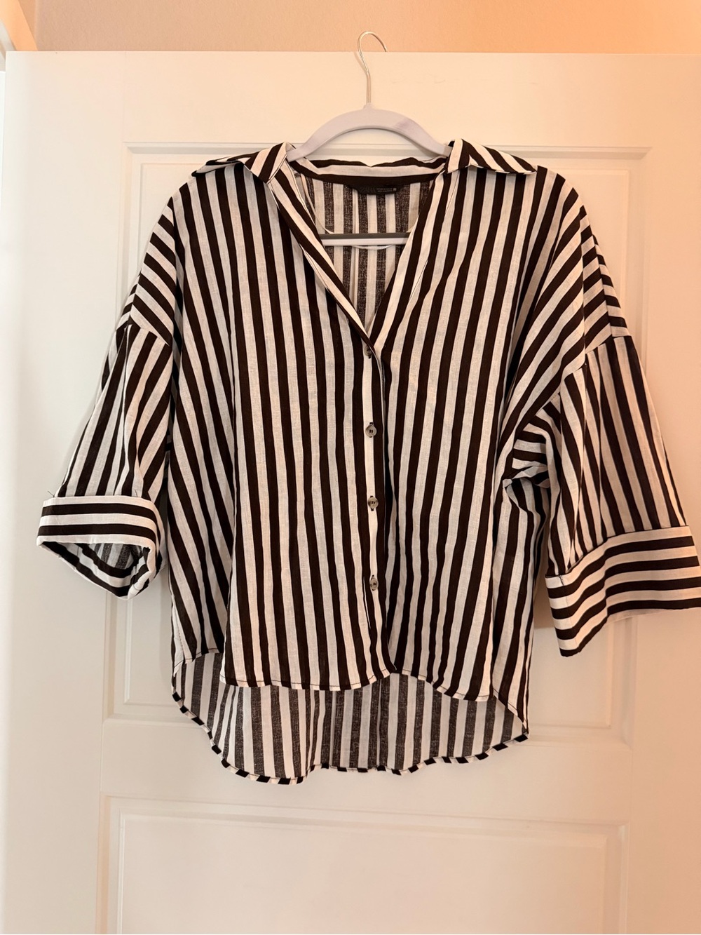 ZARA BROWN & WHITE/CREAM Striped Button-Down Women's Shirt XS